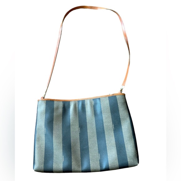 Vtg FENDI Pequin Stripe Brown Coated Canvas Long Strap Shoulder Crossbody Purse - Picture 7 of 9